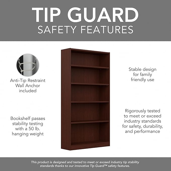 Bush Furniture Universal Tall 5 Shelf Bookcase in Vogue Cherry, Vertical Storage and Display Bookshelf for Home Office or Living Room Organization