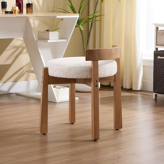 DUOMAY Modern Chenille Vanity Stool, Upholstered Low Back Ottoman with Solid Wood Legs Cute Round Footrest Makeup Stool Dressing Seat for Living Room Bedroom, Beige