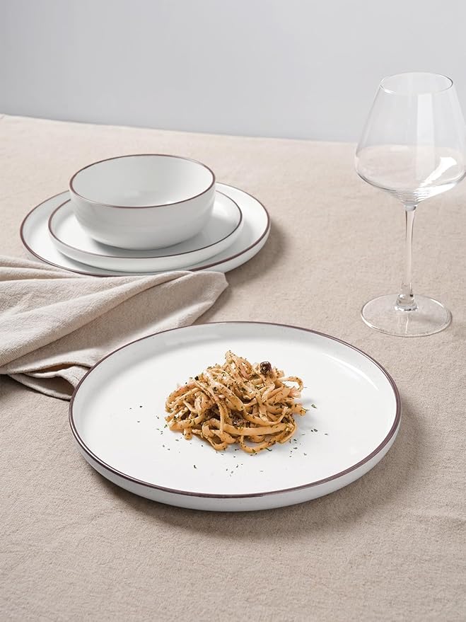 Famiware Mercury Plates and Bowls Sets, 18 Pieces Stoneware Dinnerware Sets, Dishes Set for 6, Microwave and Dishwasher Safe, White