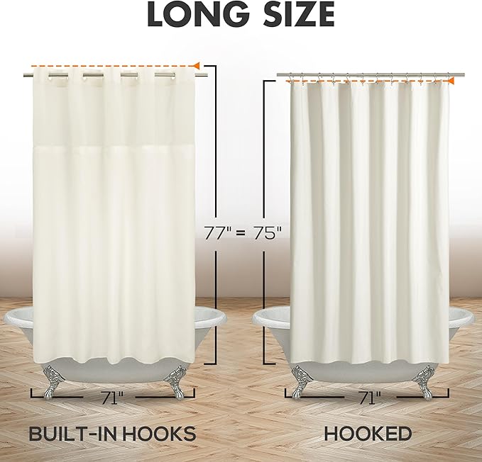 Long No Hook Slub Textured Shower Curtain with Snap-in PEVA Liner Set - 71" x 77"(75"), Hotel Style with See Through Top Window, Cream Fabric Curtain & Waterproof Liner, Sand, 71x77