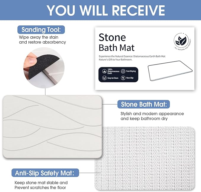 Stone Bath Mat Diatomaceous Earth Shower Mat Non-Slip Super Absorbent Diatomite Stone Bath Mats for Bathroom Floor Quick Drying Natural Easy to Clean(23.6''×15.4" White)
