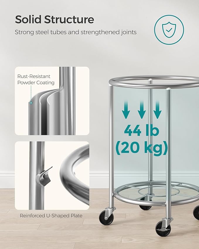 SONGMICS 29-Gallon (110 L) Laundry Basket with Wheels, Rolling Round Heavy-Duty Laundry Hamper Cart with Steel Frame and Removable Bag, 2 Locking Wheels, Camel Brown and Metallic Silver URLS002N01