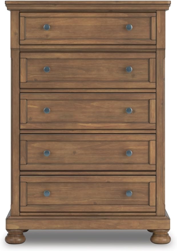 Signature Design by Ashley Glarrison Farmhouse 5-Drawer Chest with Felt-Lined Top Drawer and Easy Glide for Bedroom, Light Brown
