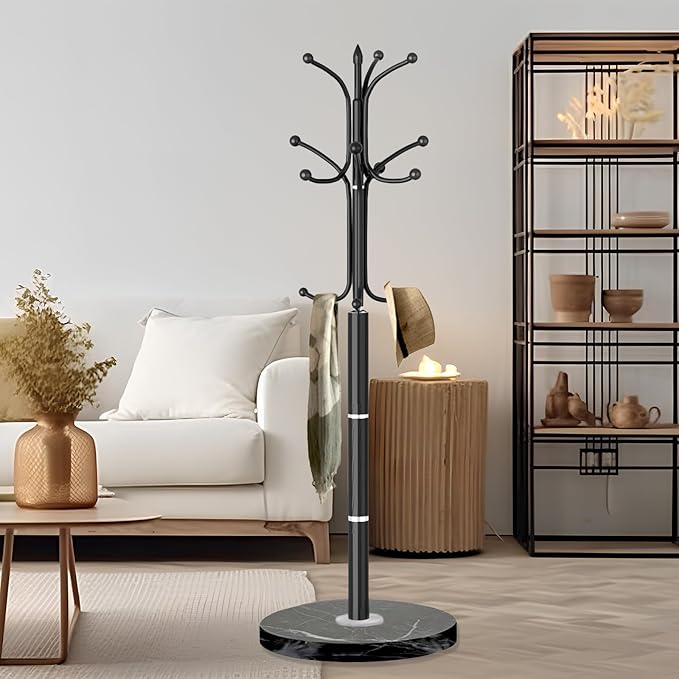 Coat Rack with Natural Marble Base, Metal Modern Coat Racks Freestanding, Coat Rack Stand with 12 Hooks, Coat Tree Hats Hanger Stand for Entryway, Hallway (12 Hooks-Black)