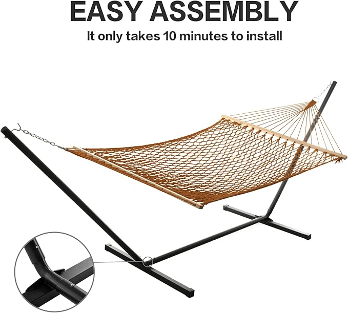 PNAEUT Double Hammock with Stand for Outside, Rope Hammocks with Hardwood Spreader Bar 2 Person, 12ft Heavy Duty Stand, Extra Pillow, Max 475 lbs Capacity (Mocha)