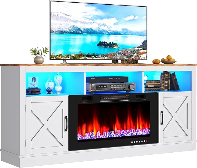 Farmhouse TV Stand with 36" Fireplace for 80" TV, 70" Entertainment Center with Barn Doors and LED Light, Tall Fireplace TV Stands for Living Room,White