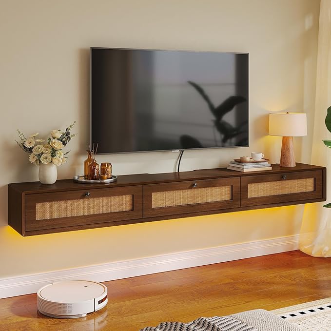 Fully-Assembled Floating TV Stand with 3 Rattan Doors, Rustic Floating Entertainment Center Under TV Shelf, Modern Large Storage Wall Mounted Media Console for Living Room Bedroom 70IN