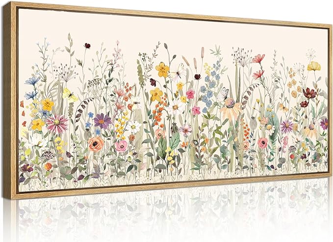 Large Floral Wall Art Decor Framed Colorful Wildflower Painting Pictures for Living Room Bedroom 40x20 Inches