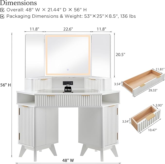 T4TREAM Fluted Makeup Vanity Desk with 3 Way Mirror and Lights, 48" Large Corner Vanity Table with Glass Top, Charging Station, 3 Drawers, Storage Cabinets & Shelves, for Bedroom, Solid White