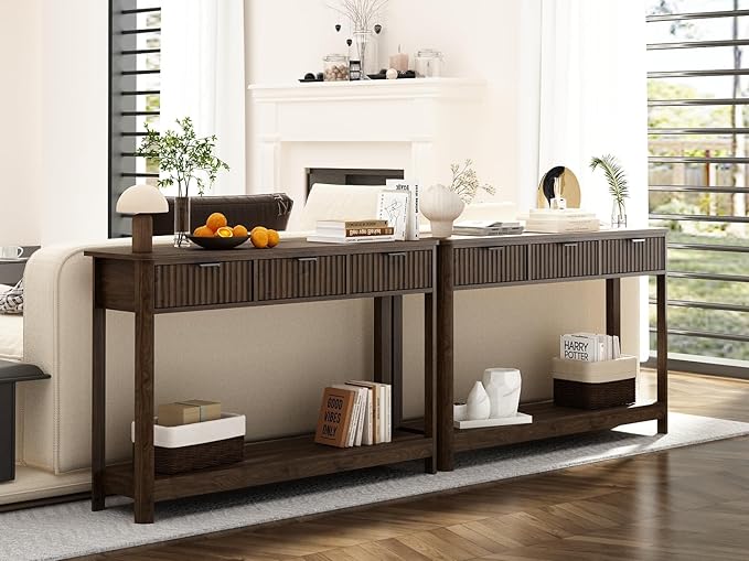 RUSTOWN Fluted Wood Console Table with 3 Drawers, Boho Narrow Behind Couch Entryway Table with Open Storage Shelf, Modern Sofa Table for Living Room, Foyer and Hallway (Dark Walnut)