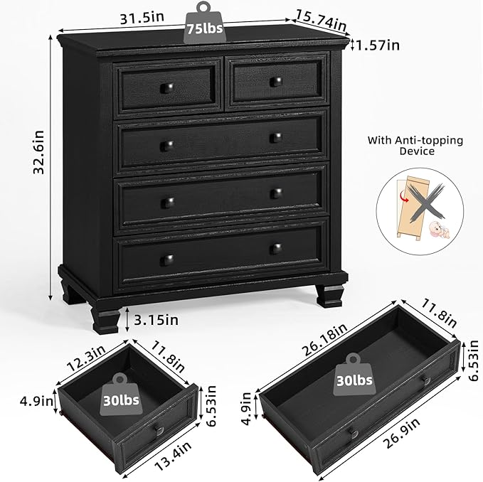 Farmhouse Black Bedroom Sets of 4, Includes 6 Drawer Large Dresser, Vintage Night Stand with 3 Drawers, Small 5 Chest of Drawers, Wood Rustic Dresser & Nightstand Set for Home, Living Room