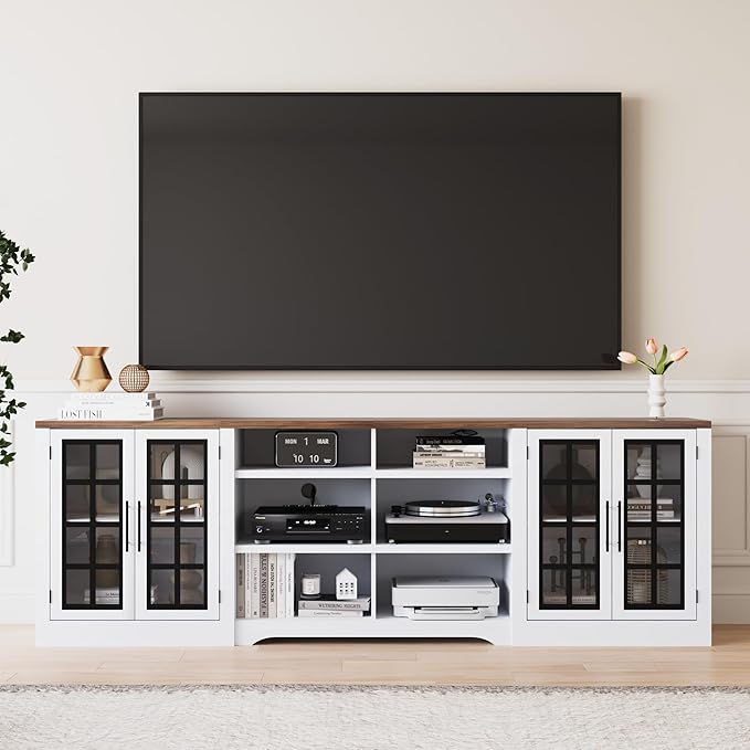 Farmhouse TV Stand for TVs up to 100", Modern Entertainment Center with 2 Cabinets and 3-Tier Open Shelves, Rustic TV Console for Living Room, Bedroom, White