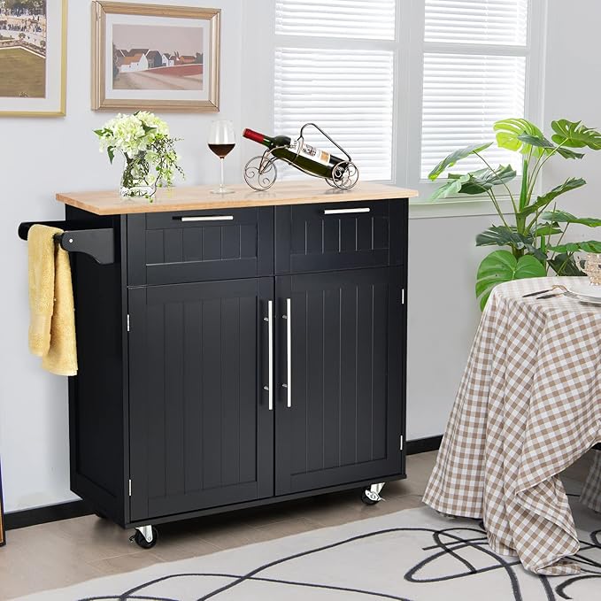 COSTWAY Kitchen Island Cart on Wheels, with Side Towel Bar, 2 Drawers, 2 Door Cabinet, Rolling Storage Trolley Cart with Rubber Wood Top & Lockable Casters (Black)