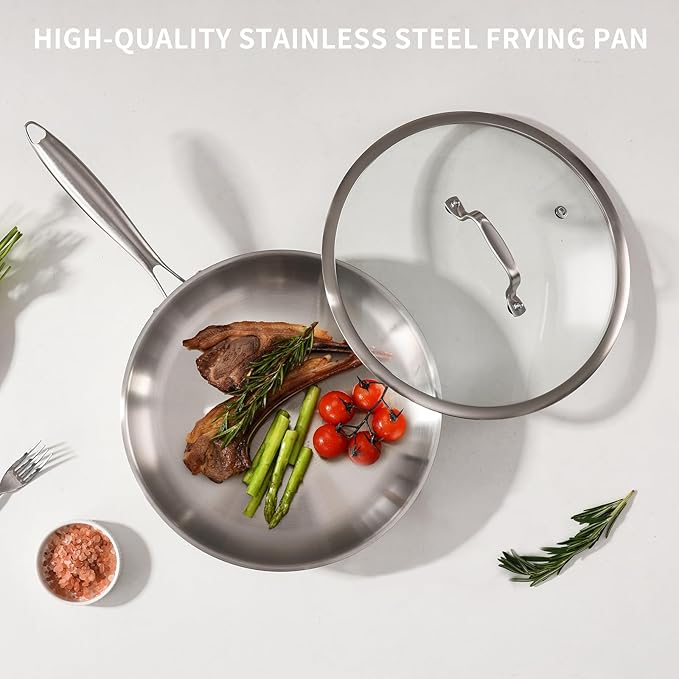 10-Inch Tri-Ply Stainless Steel Pan, PFOA and PTFE-Free Skillet Griddle, Stainless Steel Pan Set with Lid for the Kitchen, Induction-Compatible Cookware Sets, Dishwasher and Oven Safe