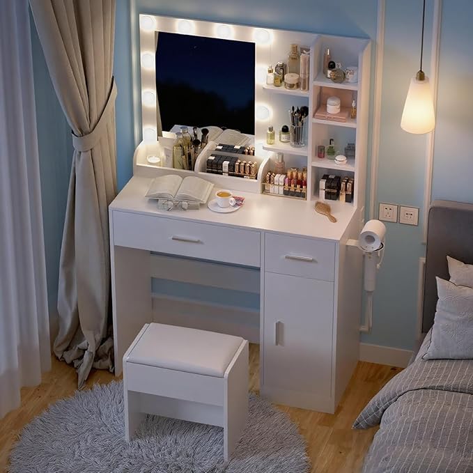 White Vanity Desk with Mirror and Lights, Makeup Vanity Desk with Lights 3 Colors, Dressing Table with 10 Bulbs, Power Outlet 2 Drawers Vanity Stool Makeup Table Set for Bedroom, Dressing Room