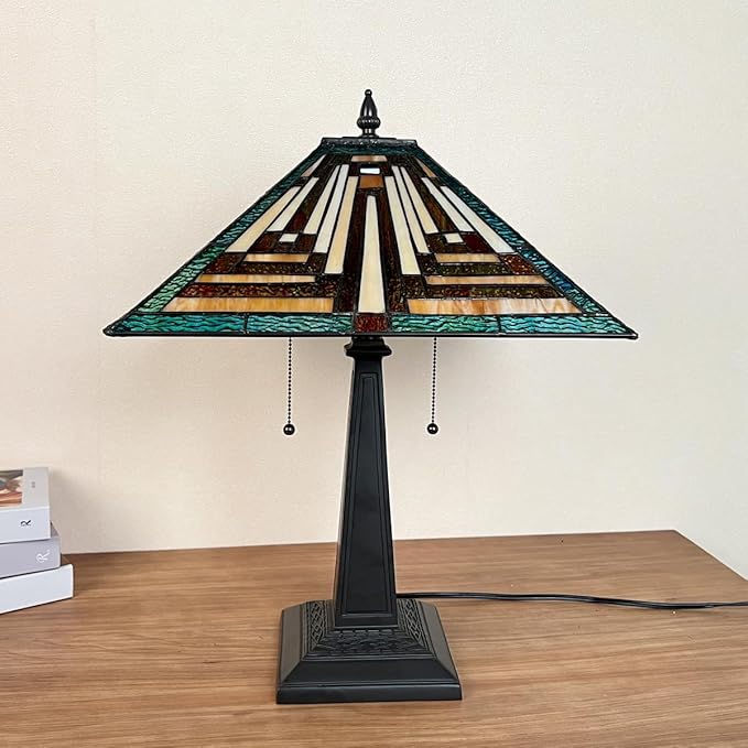 Tiffany Table Lamps,16" Green Handcrafted Stained Glass Desk Lamp for Reading,2-Lights Mission Style Antique Nightstand Beside Light for Living Room Bedroom Office