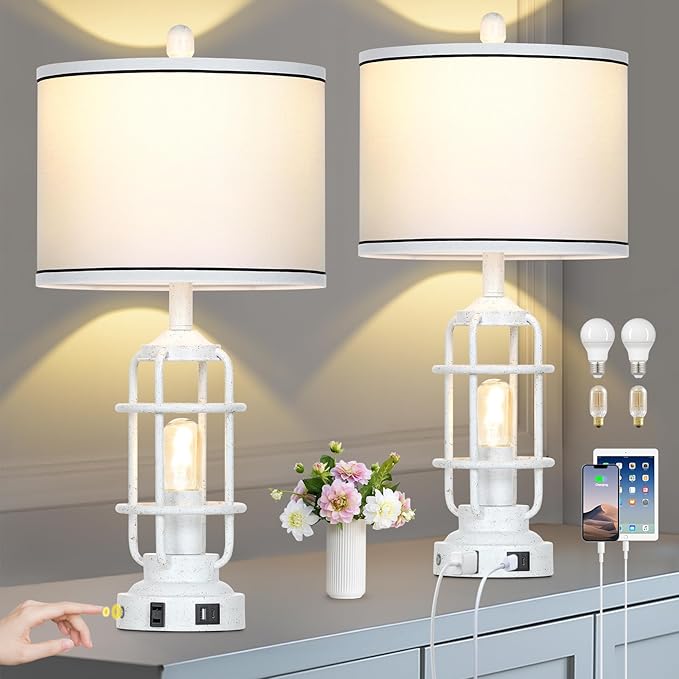 Farmhouse Industrial Lamps with USB A+C Charging Ports & AC Outlet, 3 Way Dimmable Touch Control Vintage Rustic Table lamps for Living Room, White Retro Beside Nightstand Metal Modern Lamp for Bedroom