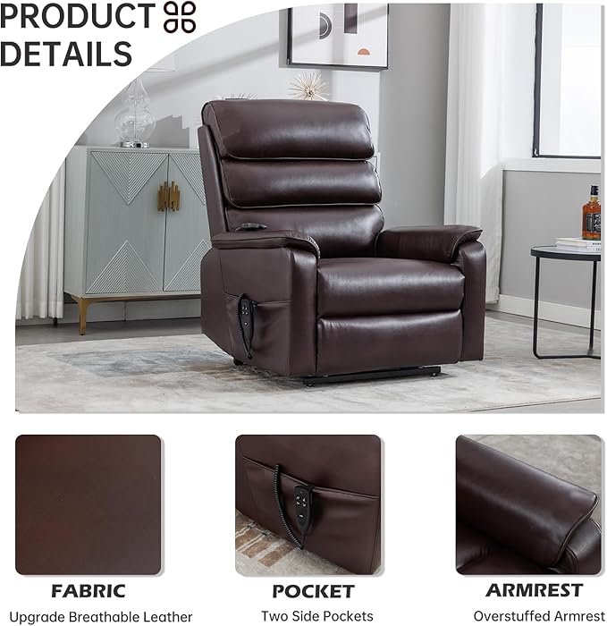 Lay Flat Lift Chair with Heat and Massage, Dual Motor Recliner with Infinite Position, Up to 350 LBS Electric Power Lift, Red Brown Leather