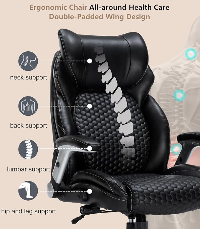 Office Chair Big and Tall 500lbs, Desk Chair Comfy, Oversized Computer Gaming Chair Extra Wide, Executive PU Leather Heavy Duty, Flip-Up Arm&Ergonomic Lumbar Support with Rubber Wheel