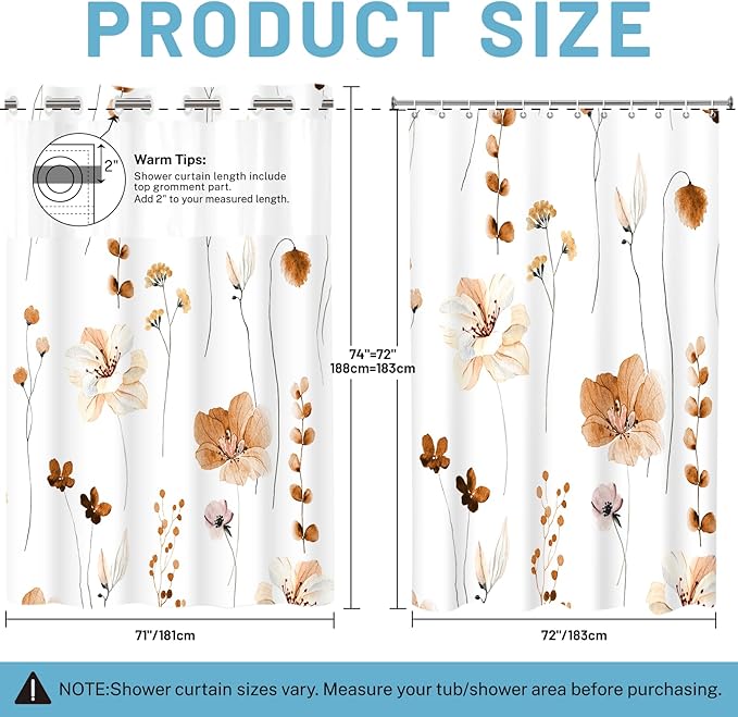 No Hook Shower Curtain with Snap in Liner - Floral Shower Curtain - Fabric Waterproof Inner Liner, Plants Watercolor Burnt-Orange Modern Cloth Shower Curtains - Machine Washable, 71 x 74