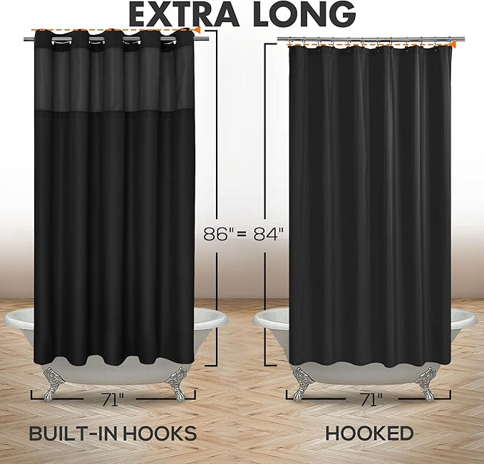 Extra Long No Hook Slub Textured Shower Curtain with Snap-in PEVA Liner Set - 71" x 86"(84"), Hotel Style with See Through Top Window, Black Fabric Curtain & Waterproof Liner, Black, 71x86