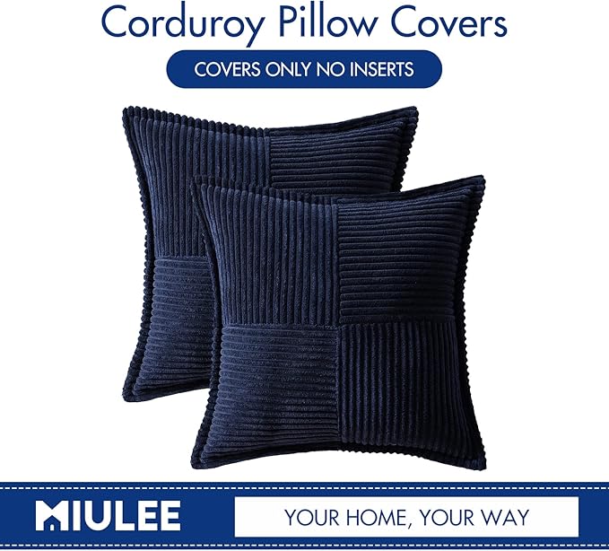 MIULEE Decorative Throw Pillow Covers for Couch Bed Livingroom 18x18 Inch Set of 2 Navy Blue Boho Accent Throw Pllows Broadside Striped Patchwork Soft Corduroy Summer Coastal Pillowcases
