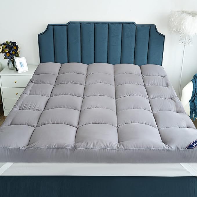 Marine Moon King Mattress Topper Cooling Extra Thick Plush Pillow Top Mattress Pad Hotel Quality Down Alternative for King Size Bed, Soft Bed Toppers for Back Pain, Grey