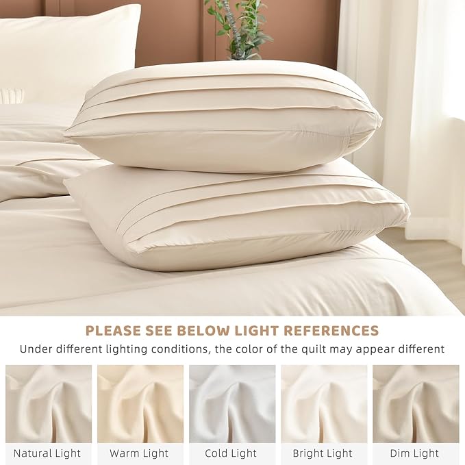 Sanracie Cotton Comforters Queen Size(90"x 95"),Pinch Pleated Wheat Colored Super Soft Lightweight Bedding Set 3Pcs Breathable Comforter Sets for All Season