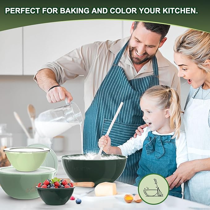 6-Piece Plastic Mixing Bowl Set with Lids for Kitchen, Nesting Storage Bowls for Baking, Prepping,Cooking and Serving Food, Dishwasher, Microwave Safe,Great for Mixing & Serving (6 Set-Green)