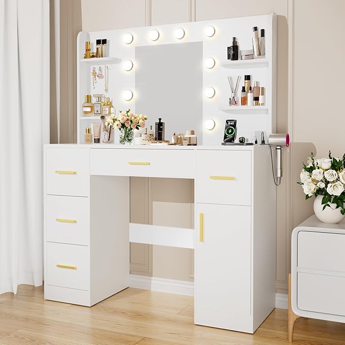 45” Vanity Desk with Mirror and Lights,10 Lights 3 Color Modes,Makeup Vanity Desk with 4 Storage Shelves 5 Drawers 1 Cabinet and Power Outlet,for Bedroom & Dressing Room,White vanitys