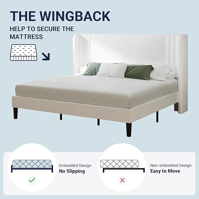 Allewie King Size Velvet Platform Bed Frame with Vertical Tufted Wingback Headboard, Easy Assembly, Under Bed Storage, No Box Spring Required, Modern Style, White