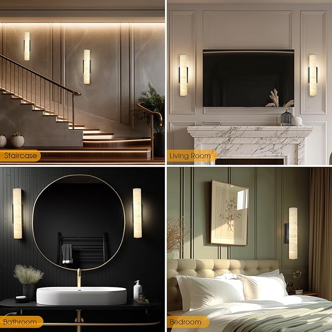 Alabaster Wall Sconces, Spanish Natural Marble Wall Sconce, 20" Bronze Wall Sconce for Bathroom, Modern Alabaster Sconces Wall Lighting Dimmable, Marble Wall Lamp for Living Room, Bedroom, Hallway