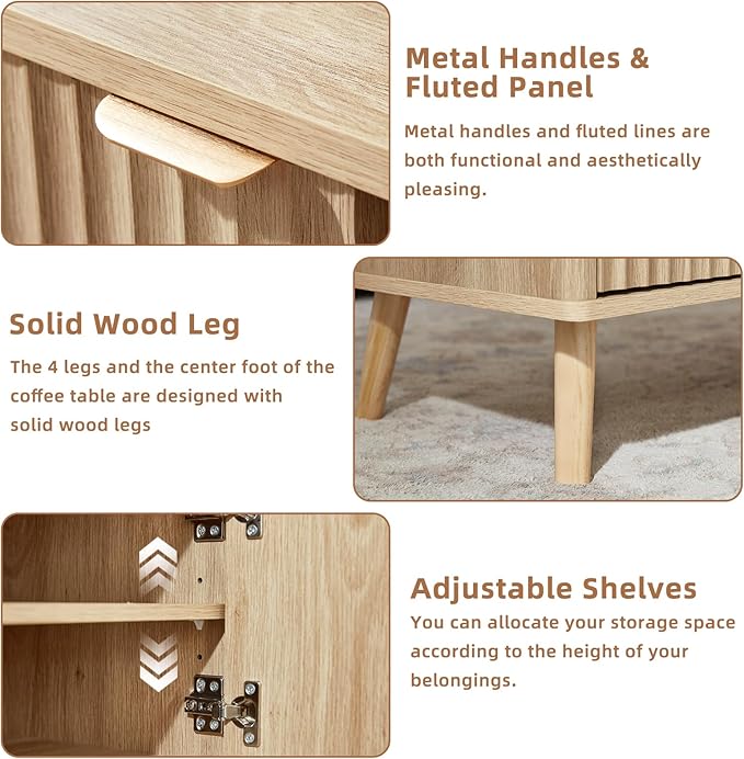 LEYAOYAO 48" Fluted Lift Top Coffee Table with Hidden Storage & Adjustable Shelves, Lifting Tabletop Large Rectangular Coffee Tables, Mid Century Modern Wood Center Table for Living Room, Natural