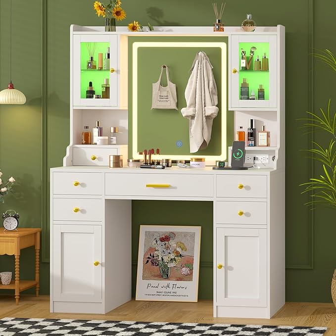 White Makeup Vanity Desk with Mirror and Lights, Large Vanity Table Set with Charging Station, Dressing Table with RGB Cabinets, Makeup Vanity Mirror with Light Desk and Drawers, 3 LED Lights Modes
