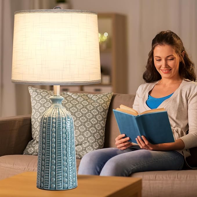 Green Ceramic Table Lamp 24.5": 3-Way Dimmable Nightstand Lamp with White Drum Lamp Shade | Modern Bedside Lamp for Bedrooms & Living Room (Bulb Included)