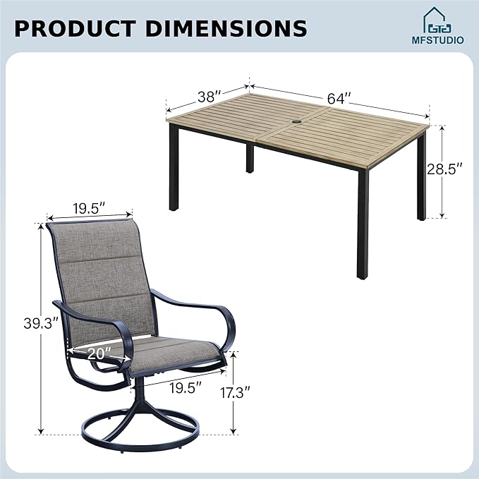 MFSTUDIO Patio Dining Set for 6, Patio Table and Chairs Set with Umbrella Hole, 7 Piece Outdoor Dining Set for Deck Backyard Garden
