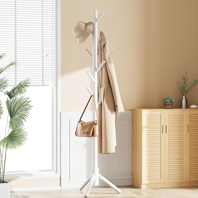 Pipishell Sturdy Wooden Coat Stand, 3 Adjustable Sizes Coat Tree with 8 Hooks, Coat Stands for Hallway Entryway, Hat Stand for Clothes, Used in Bedroom/Office/Hallway/Entryway, White