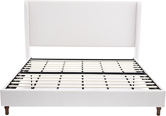 54" Tall Headboard Bed Frame with Chenille Upholstery, High Wingback Platform Bed, Sturdy Metal Foundation and Solid Wood Feet (Textured Ivory, King (U.S. Standard))