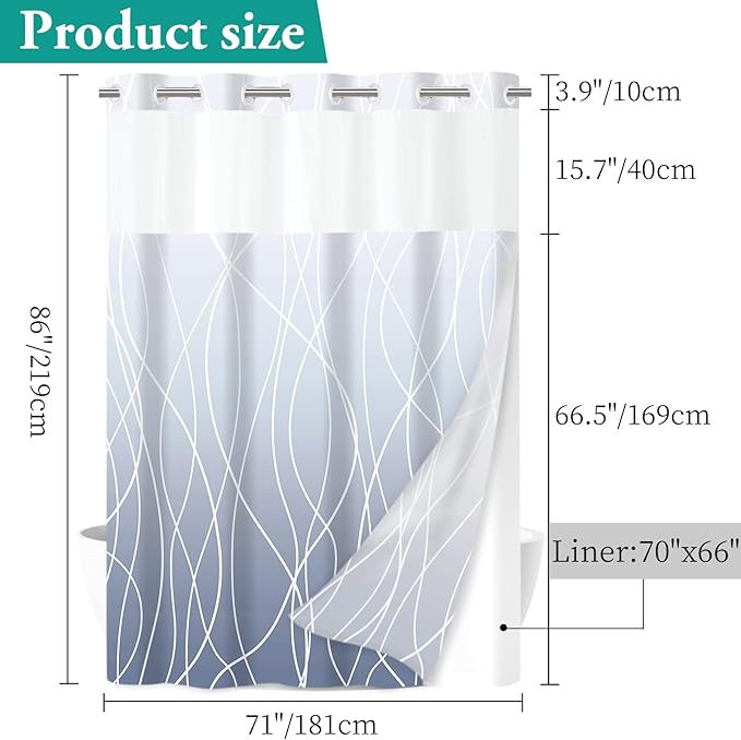 No Hook Ombre Blue Striped Long Shower Curtain with Snap in Fabric Liner Set - Hotel Shower Curtain and Liner Set with See Through Mesh Top Window,Machine Washable, 71x86 INCH
