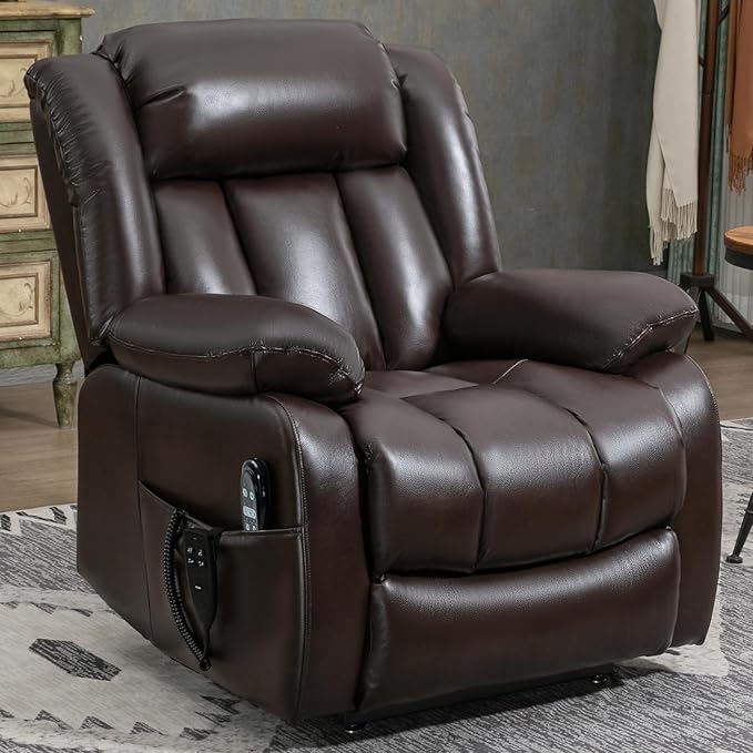 Dual Motor Large Recliner with Massage and Heat, Power Lift Chairs for Elderly, Breathable Leather Recliner Chairs for Adults with 2 Remote Controls, Red Brown Big and Tall Recliner