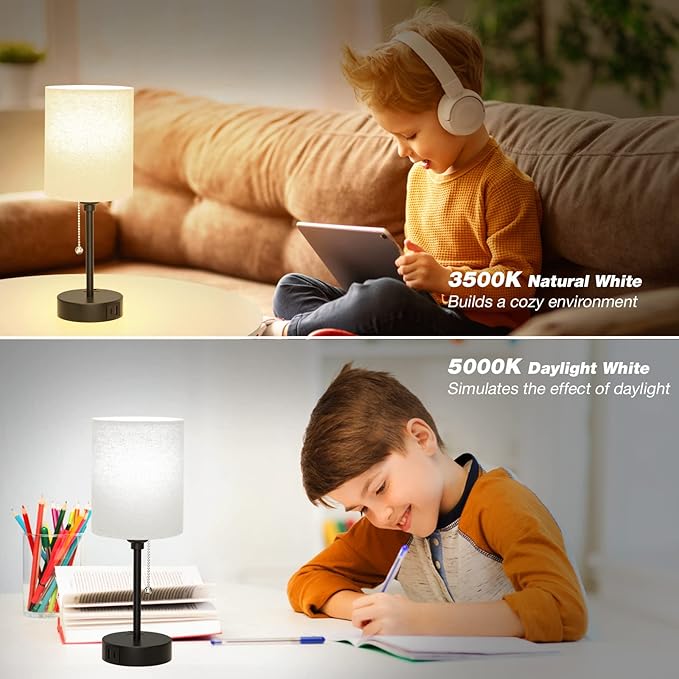 Beige Small Lamps 3 Levels Brightness - 2700K 3500K 5000K Bedside Lamps with USB C and A Ports, Pull Chain Table Lamps with AC Outlet, Nightstand Lamps with Black Metal Base for Bedroom Kids Reading