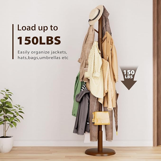 Solid Wood Coat Rack Freestanding Coat Tree with 10 Hooks for Bedroom, Livingroom, Entryway, Sturdy Coat Hanger Stand for Hats, Coats, Scarves, Handbags, Purses