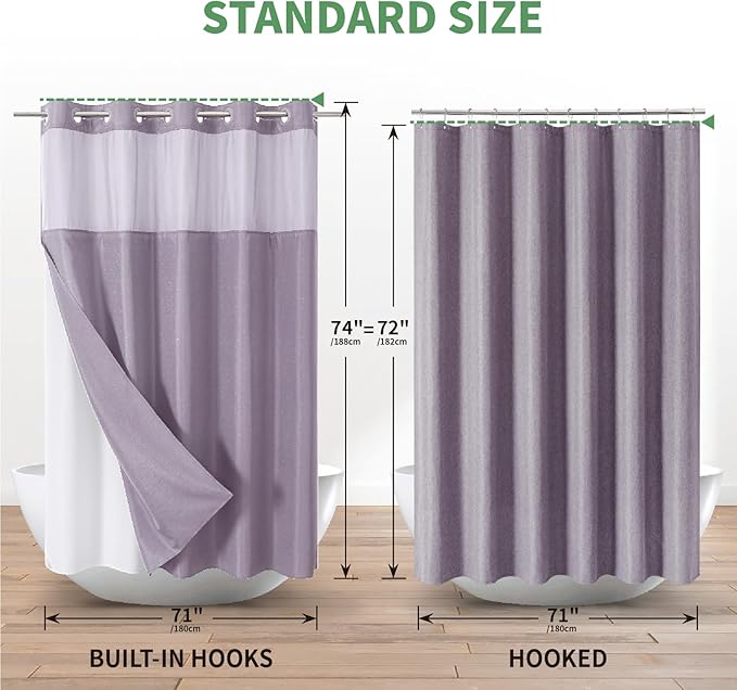 Lavender No Hook Shower Curtain with Snap-in Fabric Liner Set,Slub Textured Fabric Shower Curtains for Bathroom,Hotel Style Modern Shower Curtain,Water Repellent & Washable,71x74(72)