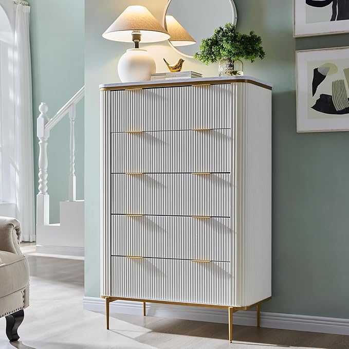 T4TREAM Fluted 5 Drawers Dresser for Bedroom, 48" Tall Modern Dresser Chest of Drawers, Gold Accents, Fluted Fronts, Wood Storage Dressers Organizer for Bedroom, Living Room (Off White)