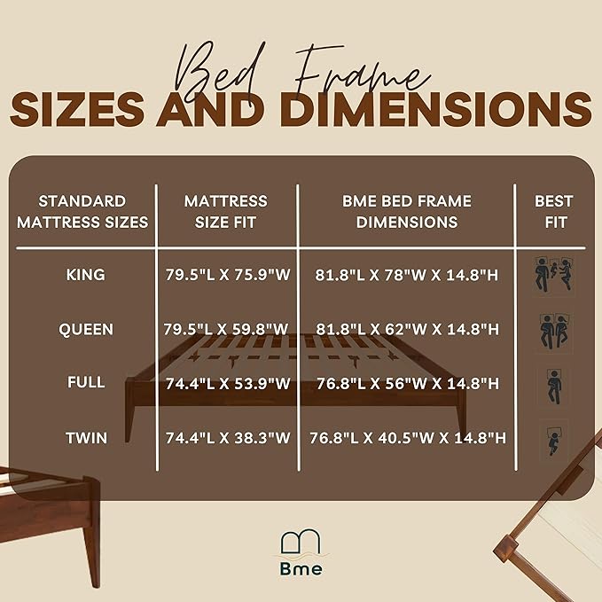 Bme Dinkee 15" Solid Wood Platform Bed Frame Without Headboard - Japanese Joinery Bed Frame - Modern & Minimalist Style - Wood Slat Support - Easy Assembly - No Box Spring Needed - Chocolate, Twin