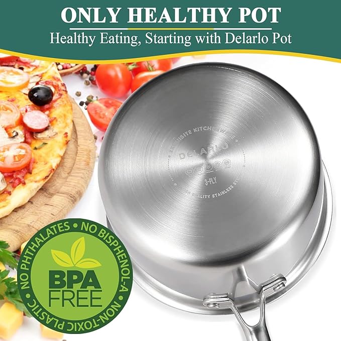 DELARLO Whole Body Tri-Ply Stainless Steel 3 Quart Saucepan with Lid, Oven Safe 600℉, Heavy Duty Saucier Pan 3 Quart, Fast and Even Heat, Kitchen and Dining Sauce Pot, Induction Pot(Lids 300℉)