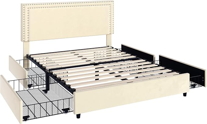 VECELO Full Size Upholstered Platform Bed Frame with 4 Storage Drawers, Adjustable Velvet Headboard Nailhead, Wooden Slats Support, No Box Spring Needed, Easy Assembly