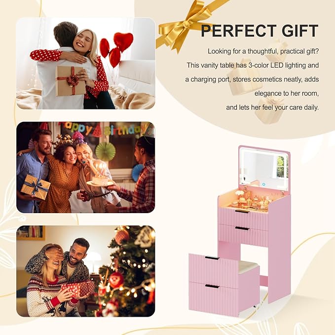 LED Fluted Compact Vanity Desk with Flip Top Mirror, 3 in 1 Small Makeup Table with Glass Desktop, Storage Compartment and Cushioned Stool with Wheels,3 Drawers, for Girl Bedroom Pink