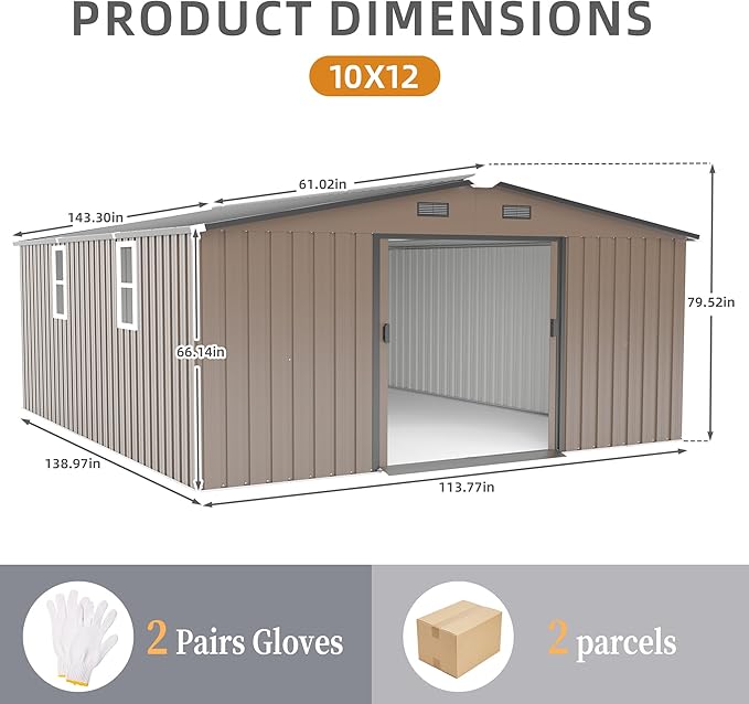 12 x 10 FT Outdoor Storage Shed, Metal Garden Tool Shed with Slooping Roof, Lockable Doors, All-Weather Bike Shed Easy to Assemble for Backyard, Patio, Lawn, Brown