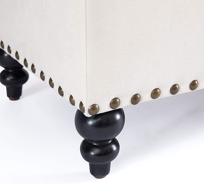 HUIMO Button-Tufted Ottoman with Storage in Upholstered Fabrics, Large Storage Bench for Bedroom, Living Room, Entryway, Ottoman Bench with Safety Hinge Hold Up to 300lbs (Ivory-Rivets)